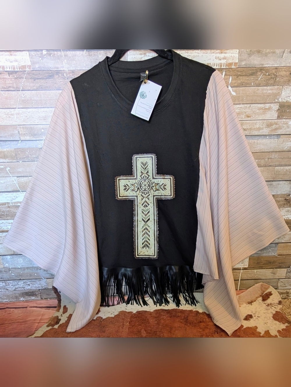 New Handcrafted Boho Western Tan Cross Black Graphic W Boho Bat Winged Sleeves